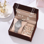 Diamond Watch Pearl Bracelet Earrings Necklace Set For Women - Image 4