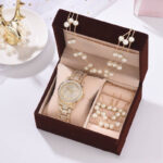 Diamond Watch Pearl Bracelet Earrings Necklace Set For Women - Image 5
