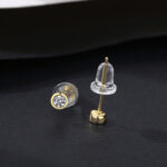Round Sterling Silver Stud Earrings With 14K Gold Zircon - Image 5