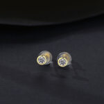 Round Sterling Silver Stud Earrings With 14K Gold Zircon
