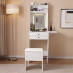 Vanity Desk With Lighted Mirror, Makeup Vanity Desk With Drawers And Storage Cabinet For Bedroom, Glass Desktop, 3 Lighting Modes Adjustable Brightness, Storage Stool, White - Image 5